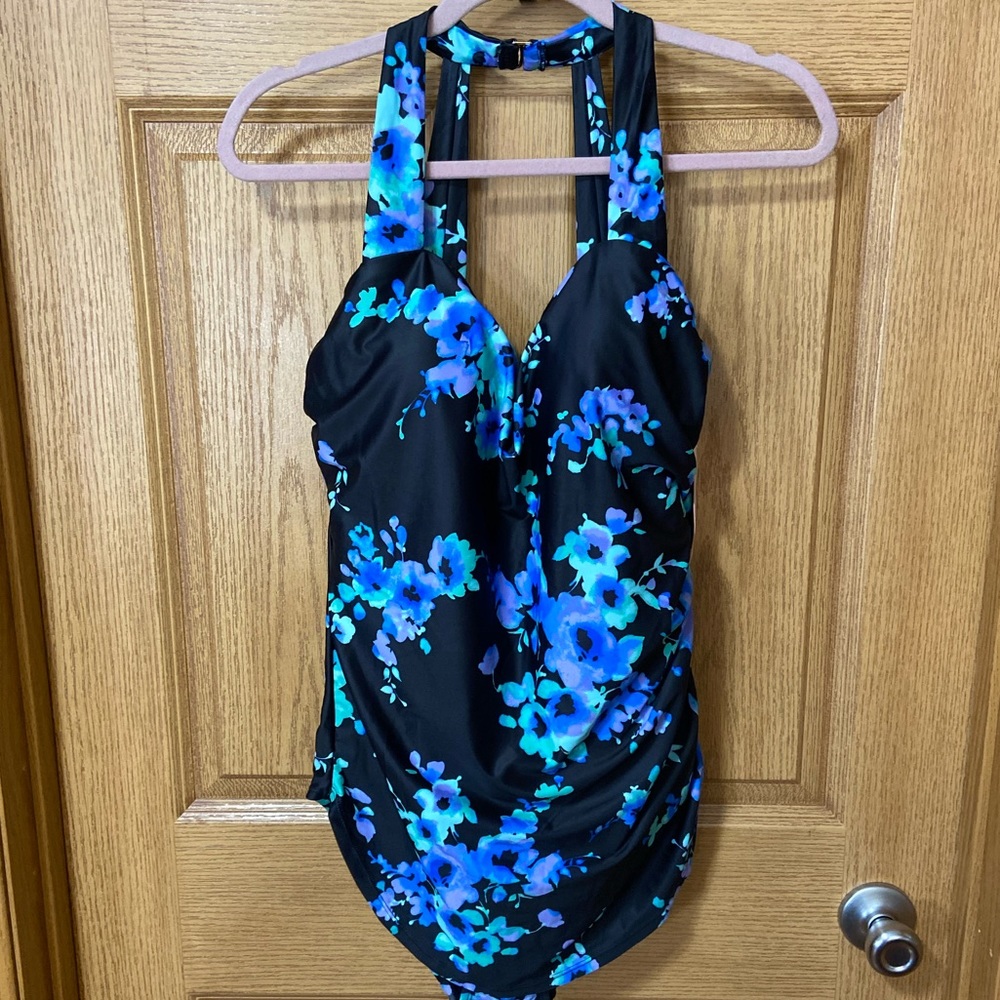 Floral Halter Neck Swimsuit - Black and Blue - Picture 2 of 4